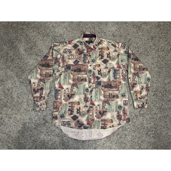 Vintage COLOURS ALEXANDER Brown Button Up Shirt Duck Print Outdoor Hunting M - Picture 1 of 8
